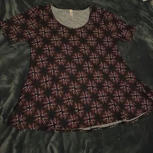 LuLaRoe Perfect Tee: Black with Purple and Grey X Burst Pattern (L)